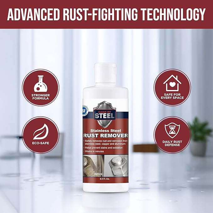 Stainless Steel Rust Stain Remover & Cleaner, Soft Cleanser, Safe for Food Areas, Non-Toxic for Appliances Perfect for Commercial Equipment, Refrigerator, Cybertruck and more (8.5 oz)