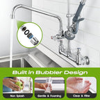 Commercial Sink Faucet with Sprayer 36" Height, 8 Inch Center Wall Mount Kitchen Sink Faucet with Down Pre-Rinse Sprayer and 12" Add-on Swing Spout