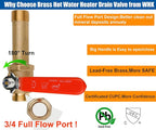 WHK Water Heater Drain Valve 3/4"MIP X 3/4" Male GHT Connection to drain or Flush Hot Water Heater Faster and Easy Big Full Port (Lead-Free Brass,3 Inch Shank with Long Handle,Straight)