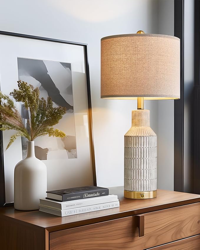 25" Modern 3-Way Dimmable Touch Control with USB A+C Ceramic Lamps Set of 2 Table Lamp for Living Room Bedroom Farmhouse Nightstand Bedside Lamps (White-Washed)