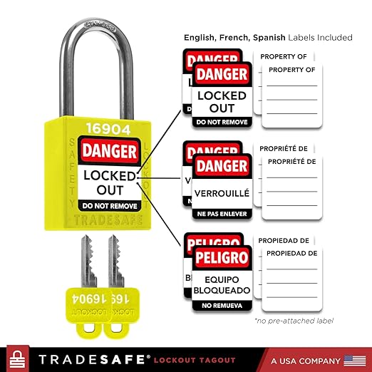 TRADESAFE Lockout Tagout Locks Set - 10 Yellow Loto Locks, Lockout Locks Keyed Different, 2 Keys Per Lock, OSHA Compliant Lock Out Tag Out Padlocks, Safety Padlocks for Electrical Lockout Tag Out Kits