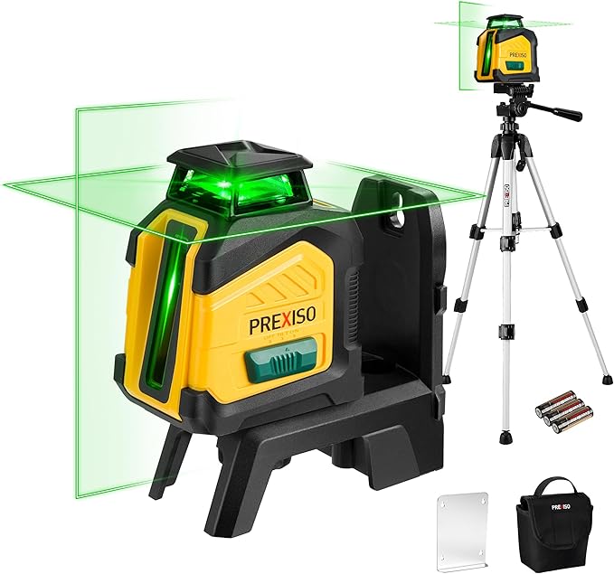PREXISO 360° Laser Level with Tripod, 100Ft Dual Power Self Leveling Cross Line Laser- Wide Angle Vertical Line for Construction, Floor Tile, Renovation with Magnetic Base, Wall Panel Stand, Carry Bag