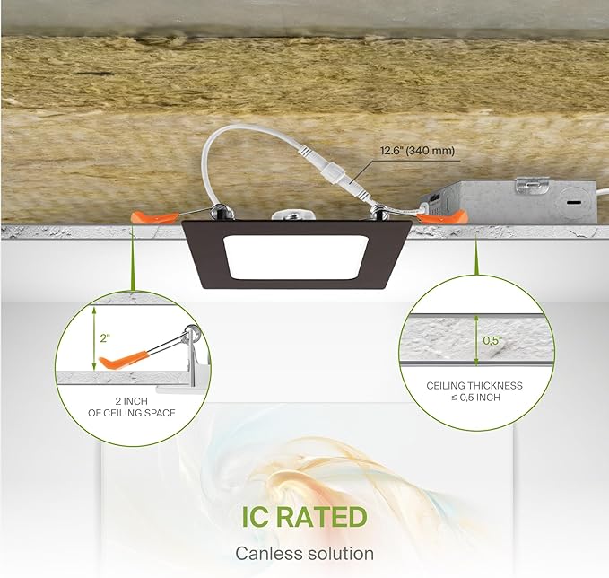 ASD 6 Pack LED Square Recessed Lighting 4 Inch, 5 CCT 2700K-5000K, 12W 50W Eqv, Ultra Thin Dimmable Ceiling Lights with J Box, Canless Wafer Downlight, Slim Panel, UL Energy Star, Oil-Rubbed Bronze