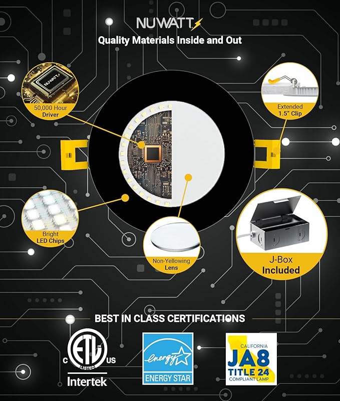 NUWATT 6 Pack, 6 Inch Ultra Thin Black LED Recessed Lighting, 5CCT 2700K/3000K/3500K/4000K/5000K Selectable, High Brightness 1050 Lumens, Dimmable Canless Slim Wafer Light, IC Rated, Metal J-Box, ETL