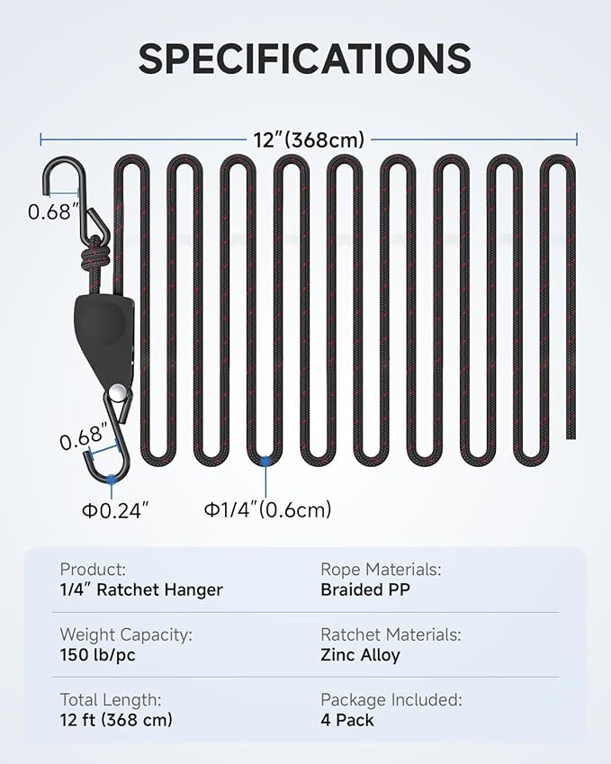 Fondwell 1/4" Rope Tie Downs Ratchet: 4 Pack of Kayak Storage Straps Heavy Duty - Ratcheting Cargo Straps for Various Hanging and Strapping