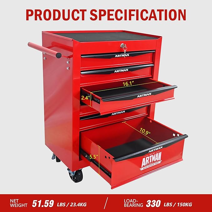 6 Drawers Rolling Tool Box on Wheels, Multifunctional Tool Chest Cabinet with Lock, Drawers Rolling Tool Cart Trolley Organizer Tool Storage Case for Warehouse,Garage,Workshop (Red)