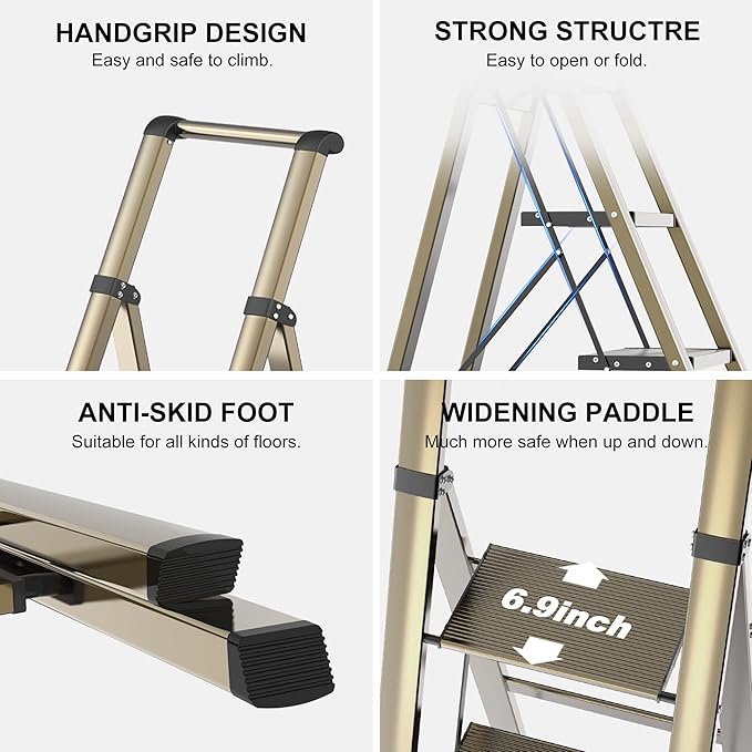 GameGem 5 Step Ladder for 10 Feet High Ceiling, Lightweight Aluminum Folding Step Stool with Convenient Handgrip, Stepladders with Anti-Slip and Wide Pedal for Home Use Space Saving - Gold