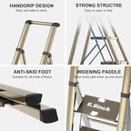 GameGem 5 Step Ladder for 10 Feet High Ceiling, Lightweight Aluminum Folding Step Stool with Convenient Handgrip, Stepladders with Anti-Slip and Wide Pedal for Home Use Space Saving - Gold