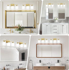 3 Light Gold Bathroom Light Fixtures, Modern Bathroom Vanity Lights with Milky White Frosted Glass Shades, Gold Vanity Mirror with Lights for Mirror Living Room E26 Base