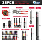 38Pcs Tools Set Packaged with Heavy-duty Tool Box, Include Screwdriver Bits, Nut Driver, Mini Ratchet Wrech, Quick change adapter,Tape Measure,Pliers Wrench and Bit Holder for Home Repairs