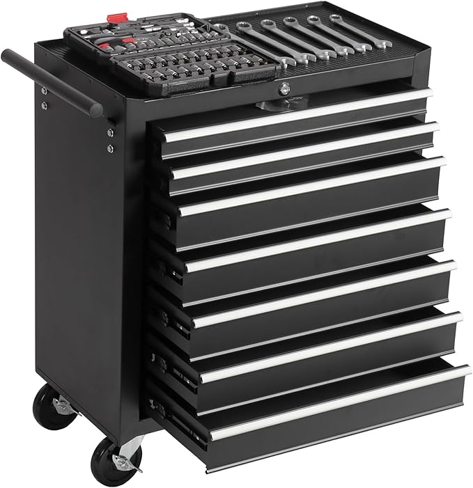 7 Drawers Rolling Tool Cart on Wheels, Multifunctional Metal Tool Storage Cabinet, Lock Tool Trolley Organizer Drawers Tool Box Tool Chest for Garage, Warehouse, Workshop, Repair Shop (BLACK)