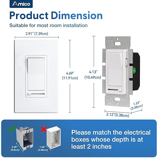 Amico 1 Pack Dimmer Light Switch, Single-Pole or 3-Way Compatible Slide Control Dimmer, Suitable for 150W LED Light/CFL/Incandescent and 600W Tungsten Bulb, Wall Plates and Screws Included, White