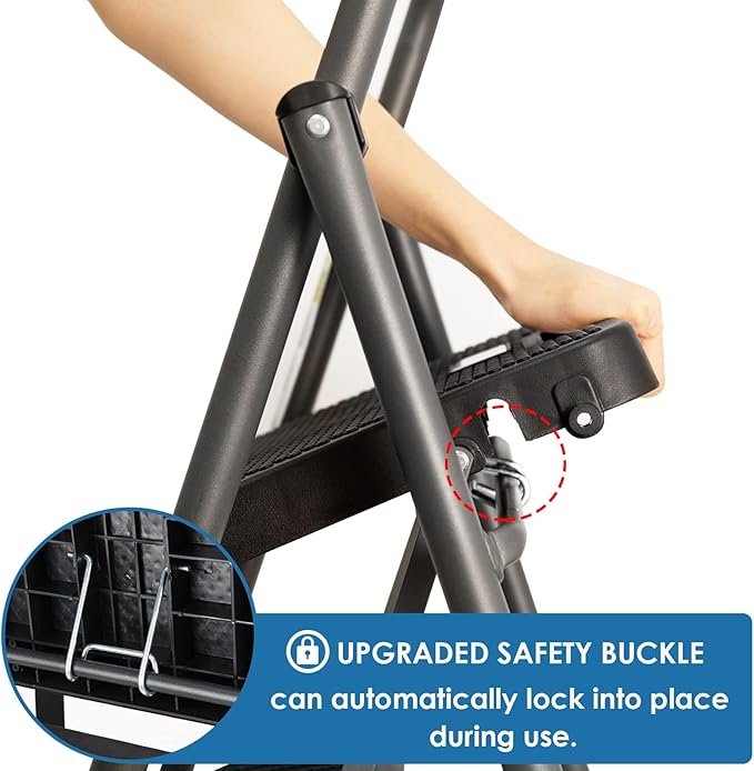 3 Step Ladder, GOLYTON Folding Step Stool with Anti-Slip Wide Pedal & Convenient Handgrip, 500lbs Capacity Steel Ladder for Household and Office, Grey