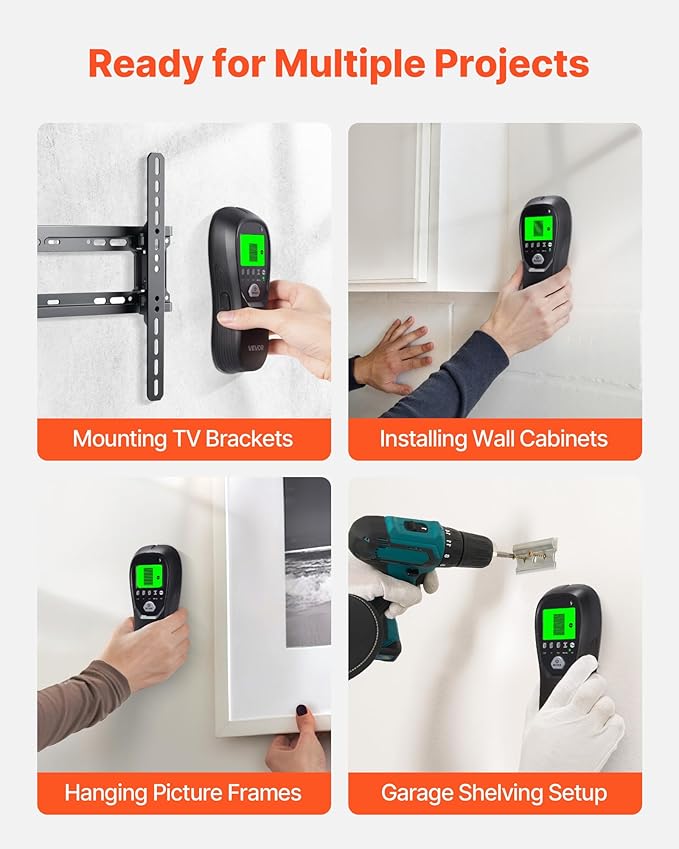 VEVOR Stud Finder Wall Scanner, 5 in 1, Electronic Wall Stud Detector with Smart Sensor, High-Definition LCD Display and Audio Alarm, for the Center and Edge of Metal, AC Wire, Joists, Pipes, Black