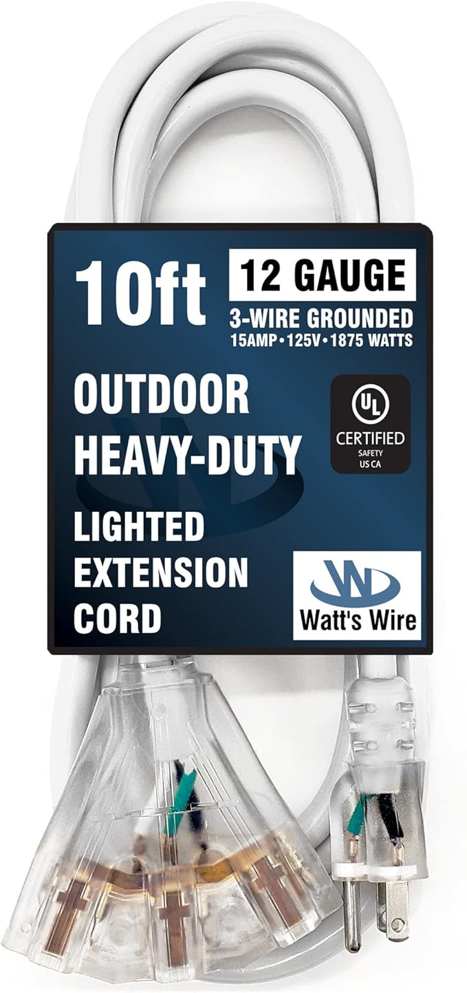 Outdoor Extension Cord Waterproof (10 ft) 12 Gauge Heavy Duty Extension Cord Splitter - Lighted Outdoor Extension Cords with Multiple Outlets - Watts Wire - 10' Grounded - extensiones electricas