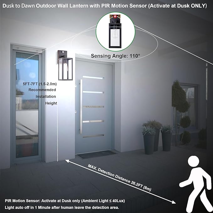 GRUENLICH Dusk to Dawn Large Outdoor Wall Lantern, PIR Motion Sensor Wall Sconce, E26 Base Max 60W, Metal Housing Plus Glass, Oil Rubbed Bronze Finish, Bulb Not Included, 1-Pack