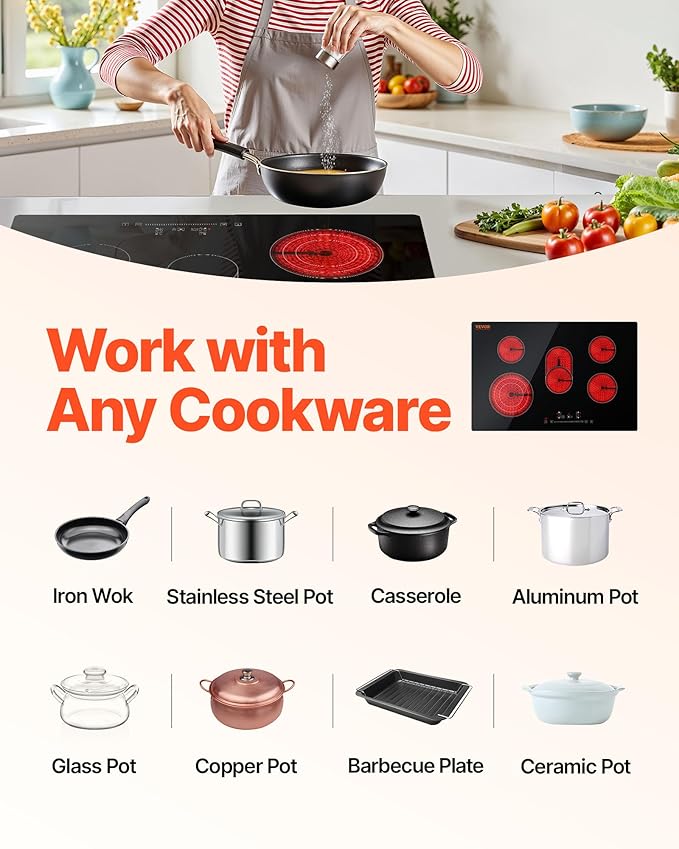 VEVOR Built in Electric Stove Top, 30 inch 4 Burners Ceramic Cooktop, 240V Glass Radiant Cooktop with Sensor Touch Control, Timer & Child Lock Included, 9 Power Levels for Simmer Steam Slow Cook Fry