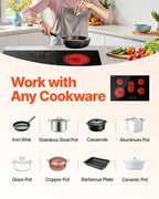 VEVOR Built in Electric Stove Top, 30 inch 5 Burners Ceramic Cooktop, 240V Glass Radiant Cooktop with Sensor Touch Control, Timer & Child Lock Included, 9 Power Levels for Simmer Steam Slow Cook Fry