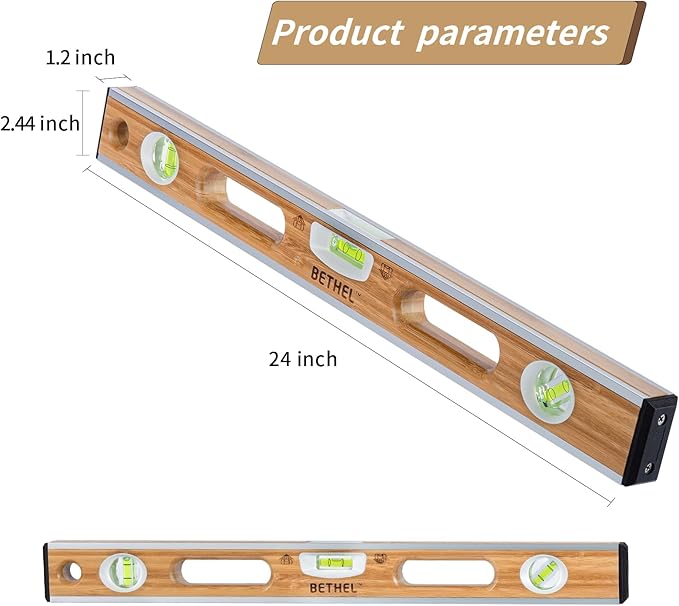 BETHEL 24-inch Bamboo Level, Mortar Adhesion Resistant Light Level, with Double Curved Acrylic Leveling Tubes for Masonry Applications and General Leveling