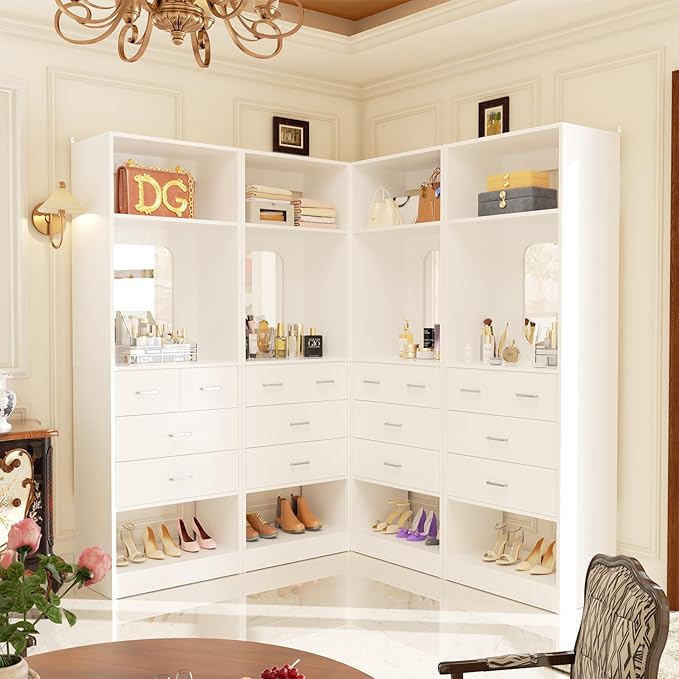 Unikito 100 Inch Closet System with Drawers, 8FT Wood Closets Organizer with Mirror Design, Freestanding Heavy Duty Walk in Closet Tower for Bedroom, Max Load 2000 LBS, Easy Assembly, White