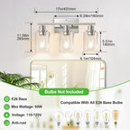 3-Light Bathroom Light Fixtures, Brushed Nickel Vanity Lights with Clear Glass Shades, Modern Bathroom Wall Lamp for Mirror Living Room Cabinet Bedroom Porch