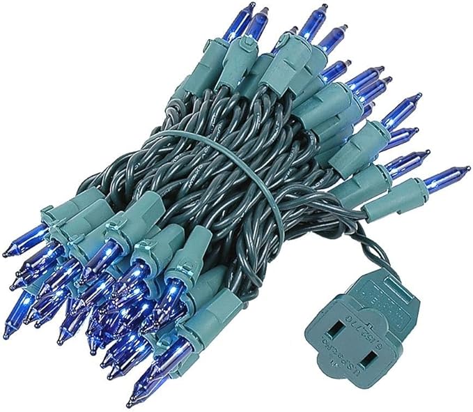 Novelty Lights 11 Feet 50 Bulbs Traditional Incandescent Mini Lights, Blue on Green Wire with 2.5" Spacing, Commercial Grade and UL Listed for Indoor/Outdoor Use, End-to-End Connectable