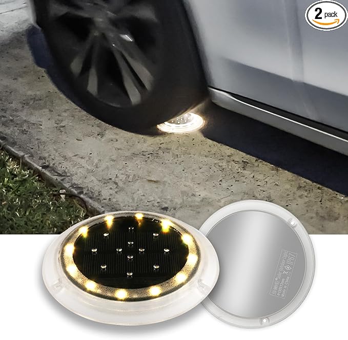 Solar Dock Lights, Super Bright Disc LED Outdoor Waterproof, Anti-Slip & Anti-Trip Flat Low Profile for Marine, Deck, Ground, Pool, Pier, Pathway, Step (Warm White, 2Pack)