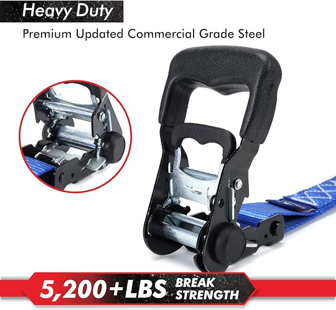 MOCA Blue Heavy Duty Ratchet Tie Down Straps - 5200 Lbs Breaking Strength 1.6" x 8', Includes 4 Heavy Duty Ratchet Padded Handles & Coated Chromoly S Hooks & 4 Soft Loop Tie-Downs