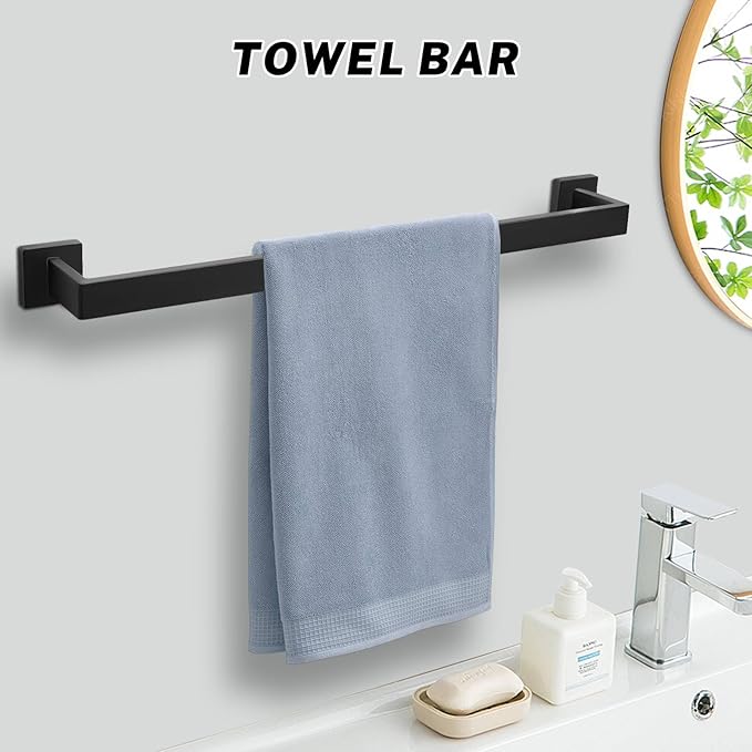 Matte Black Towel Bar Set 10-Piece Black Bathroom Hardware Set Towel Holder Set Includes 23.6 Inch Towel Bar,Toilet Paper Holder with Shelf,Stainless Steel Wall-Mounted Bathroom Set