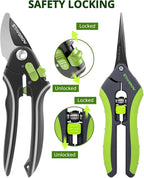 Pruning Shears for Gardening 2 Pack, 8.5" Bypass Garden Clippers and 6.5" Curved Garden Shears, Pruners with Super Sharp Stainless Steel Blades, Safety Lock, Gardening Gifts for Men Women