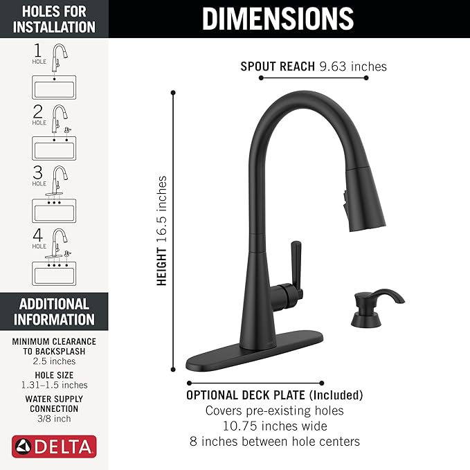 Delta Boyd Matte Black Kitchen Faucet with Pull Down Sprayer and Soap Dispenser, Modern Single Hole Kitchen Sink Faucet, Single Handle, Matte Black 19893Z-BLSD-DST