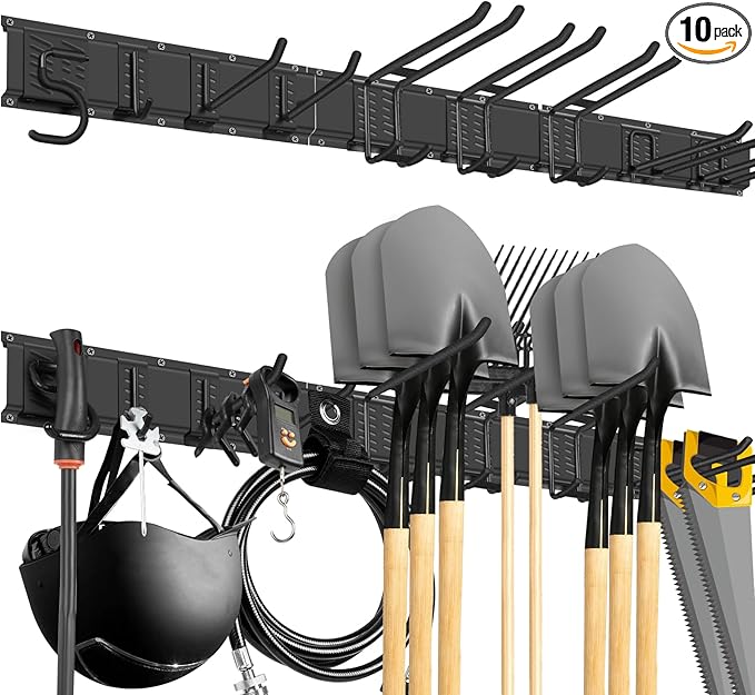 “48” Adjustable Garage Wall Tool Organizer - Full-Length Bracket for Garage Storage with 3 Tool Hooks, 2 Double Hooks, 2 Single Hooks and 3 Rails in Heavy-Duty Construction,Tool Organizer