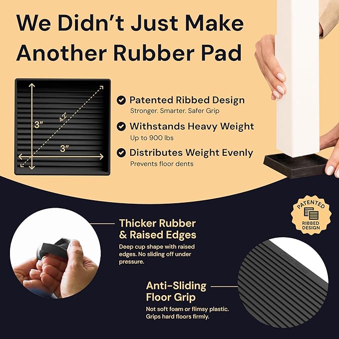 CasterMaster Square Non-Slip Furniture Pads - 3 in x 3 in, Pack of 8, Black - Stoppers to Prevent Sliding - Floor Protectors for Furniture - Noise Reduction & Caster Cups for Vinyl Floors