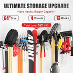 Garage Tool Organizer Wall Mount 64 inches with 13 Adjustable Heavy-Duty Hooks, Garage Organization, Garden Tool Storage Rack, Yard, and Shed, Holds Up to 520 lbs