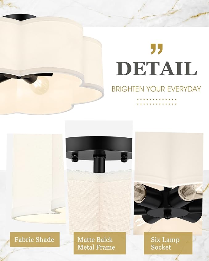 Black Semi Flush Mount Ceiling Lights, 6-Light 18Inch Ceiling Light Fixtures with Fabric Drum Shade in Flower Shape for Nursery Bedroom Kitchen, AD-22007-6SF-BK