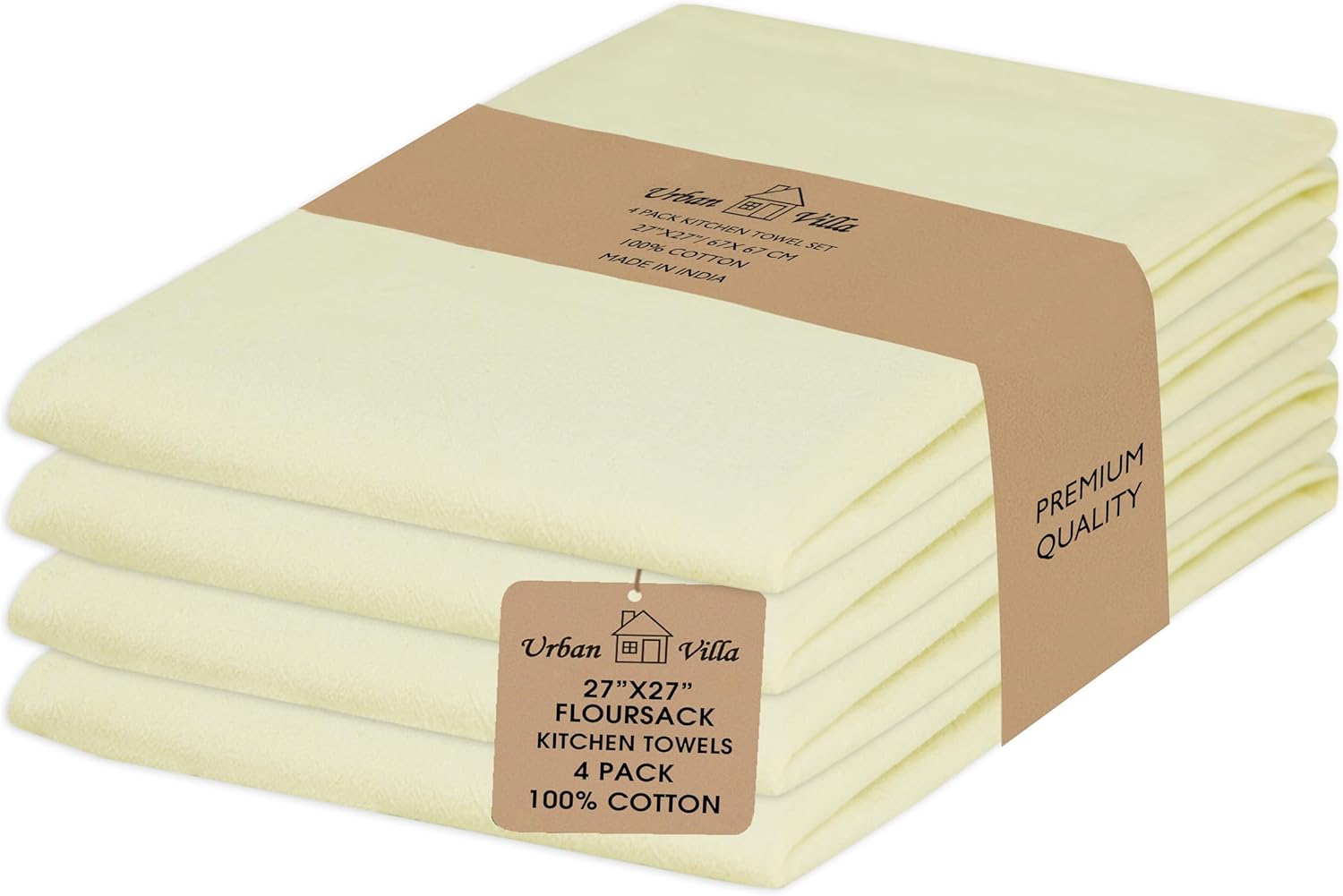 Urban Villa Flour Sack Ivory Kitchen Towels 100% Cotton Highly Absorbent Dish Towels for Bread Proofing Baking Drying Dinnerware Glass Embroidery DIY Projects Zero Lint 27x27 Inches (4 Pack)