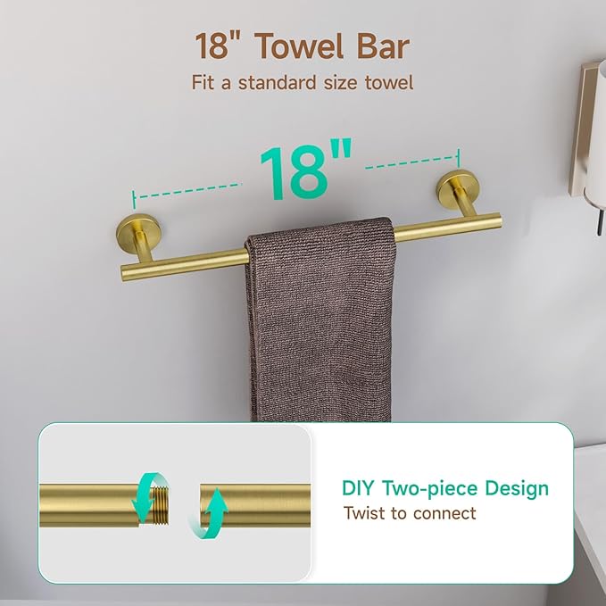 USHOWER Brushed Gold Bathroom Accessories Set, 18-Inch Towel Bar Set Wall Mounted, Durable SUS304 Stainless Steel Bathroom Hardware Set, 4-Piece