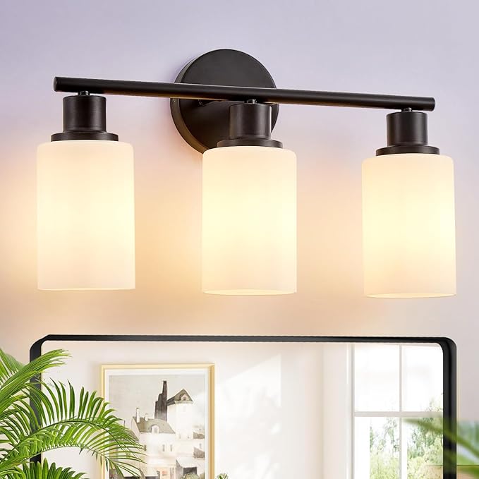 DLLT 3-Light Bathroom Light Fixtures: Black Modern Vanity Lights with E26 Bulbs - Milky White Glass Shade Bathroom Wall Lamp for Mirror Kitchen Living Room Hallway Cabinet Porch