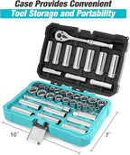 DURATECH 3/8" Drive Socket Set, 40 Piece Tool Set Including Standard (SAE) and Metric Sockets, 90-Tooth Ratchet Handle and Extension Bar