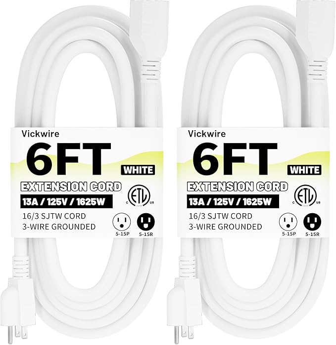 16/3 White Indoor Outdoor Extension Cord 6 Ft 2 Pack Waterproof, Heavy Duty Extension Cord with 3 Prong Grounded Plug,13A 1625W 16AWG SJTW, Flexible Weatherproof Power Cable