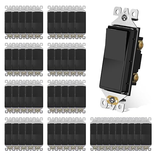AIDA Single Pole Rocker Decora Light Switch, 15 Amp Self-grounding Electrical Light Switches, Residential Grade, UL Listed (50, Glossy Black, Without Wall Plate)