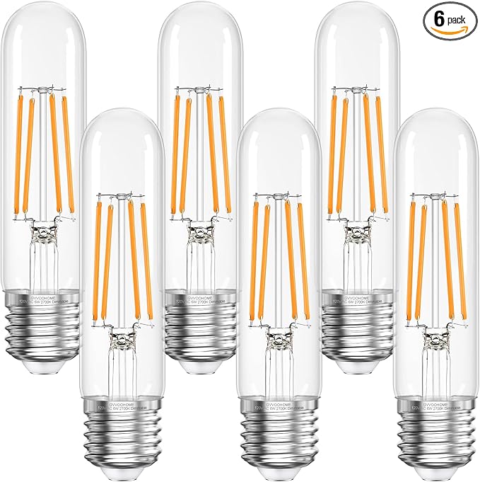 Tubular Light Bulb,T10 E26 LED Bulb Dimmable 2700K Warm White, 6W, 60 watt Equivalent, e26 Edison Bulbs for Chandeliers, Ceiling Fan, 90+CRI 600LM, 6 Pack