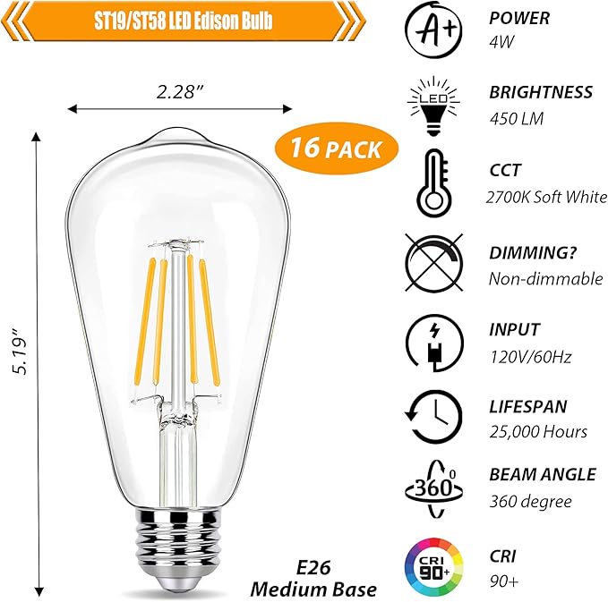 16 Pack LED Edison Bulbs 40W Equivalent, 4 Watt LED Filament Bulb, 2700K Soft Warm ST19 Light Bulb, 450LM E26 Vintage Bulbs for Ceiling Light Fixtures, Non-dim