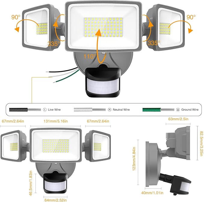Onforu 65W LED Security Lights Motion Sensor Light Outdoor, 6500LM, 6500K, IP65 Waterproof, Flood Light Outdoor Motion Detector with Adjustable 3 Head, Hardwired Wall Light for Entryway, Yard (Gray)