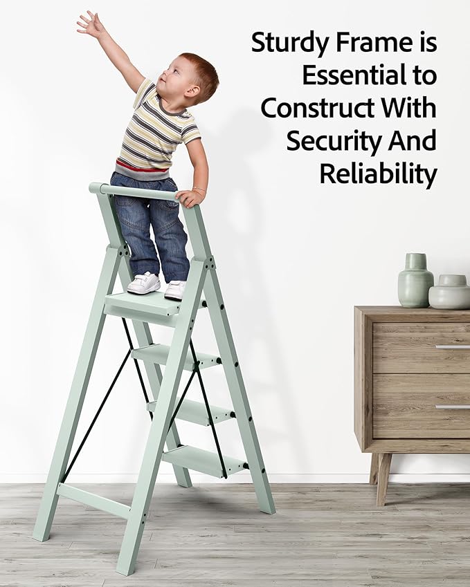 Taranta 4 Step Ladder, Lightweight Aluminum Step Stool with Convenient Handgrip, Folding Ladder with Anti-Slip Pedals, 330lbs Capacity Stepladder for Home, Office, Kitchen - Fairyland Green