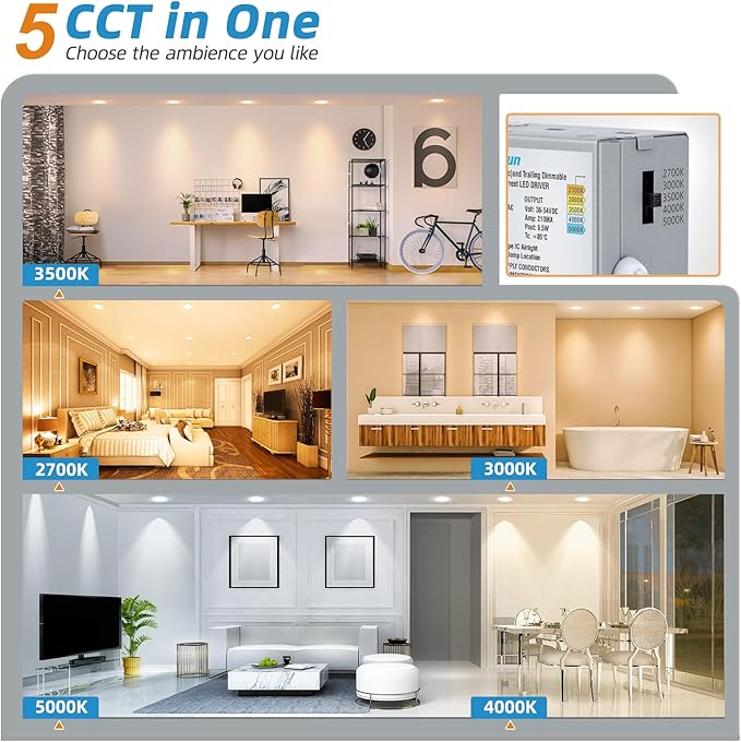 VOLISUN 24 Pack 4 inch Recessed Lighting, 5CCT LED Recessed Light with Junction Box, 2700K-5000K Selectable, 9.5W Eqv 80W, 810LM Dimmable Canless Wafer Downlight, LED Ceiling Light ETL Certificated