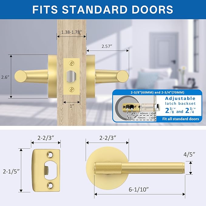 Amerdeco 3 Pack Brushed Gold Door Handles Interior, Knurled Passage Door Handles,Gold Door Lever for Bedroom or Bathroom,Reversible Keyless for Left Right Handed Doors AM0027
