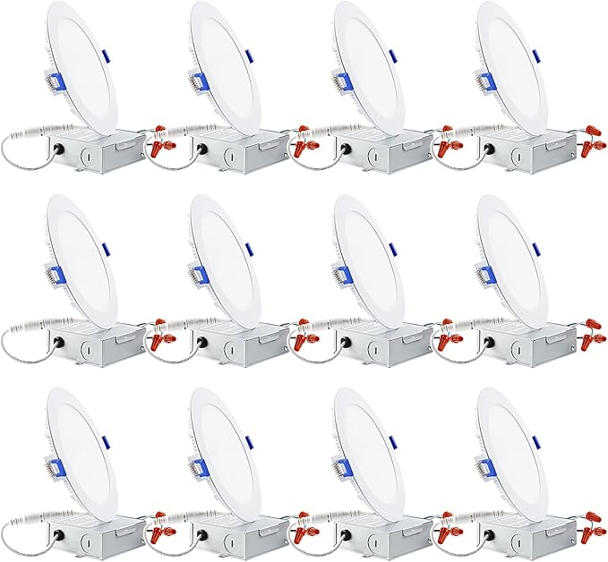 TORCHSTAR 12-Pack 6 Inch Ultra-Thin LED Recessed Lighting with J-Box, 2700K Soft White, 12W Dimmable 850lm Brightness LED Downlight, ETL & Energy Star Listed