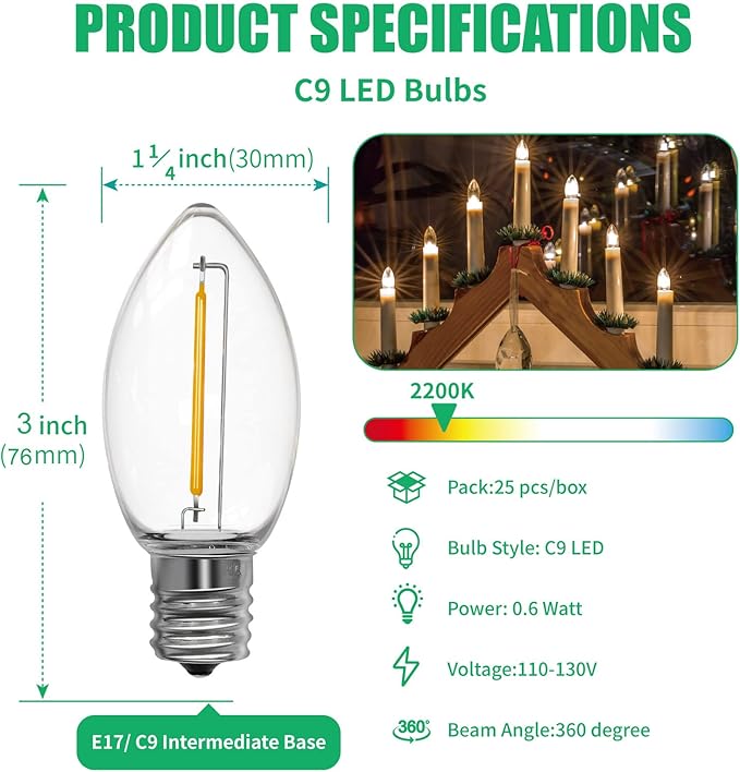 Meconard C9 Led Replacement Christmas Light Bulb, 25 Pack C9 Shatterproof Led Bulbs for Christmas Outdoor String Lights, E17 Intermediate Base, Commercial Grade Holiday Bulbs, Warm White