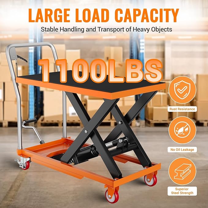 Hydraulic Lift Table Cart, 1100 LBS Capacity 28.5 in Lifting Height, Manual Single Scissor Lift Table with Locking Wheels and Non-Slip Pad, Hydraulic Scissor Cart for Material Handling